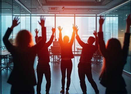 Équipe de la start-up EuroTech célébrant le succès de son entrée sur le marché